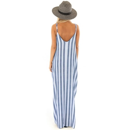 Boho Womens Spaghetti Strap Loose Summer Party Cocktail Stripesd Long Maxi Dress